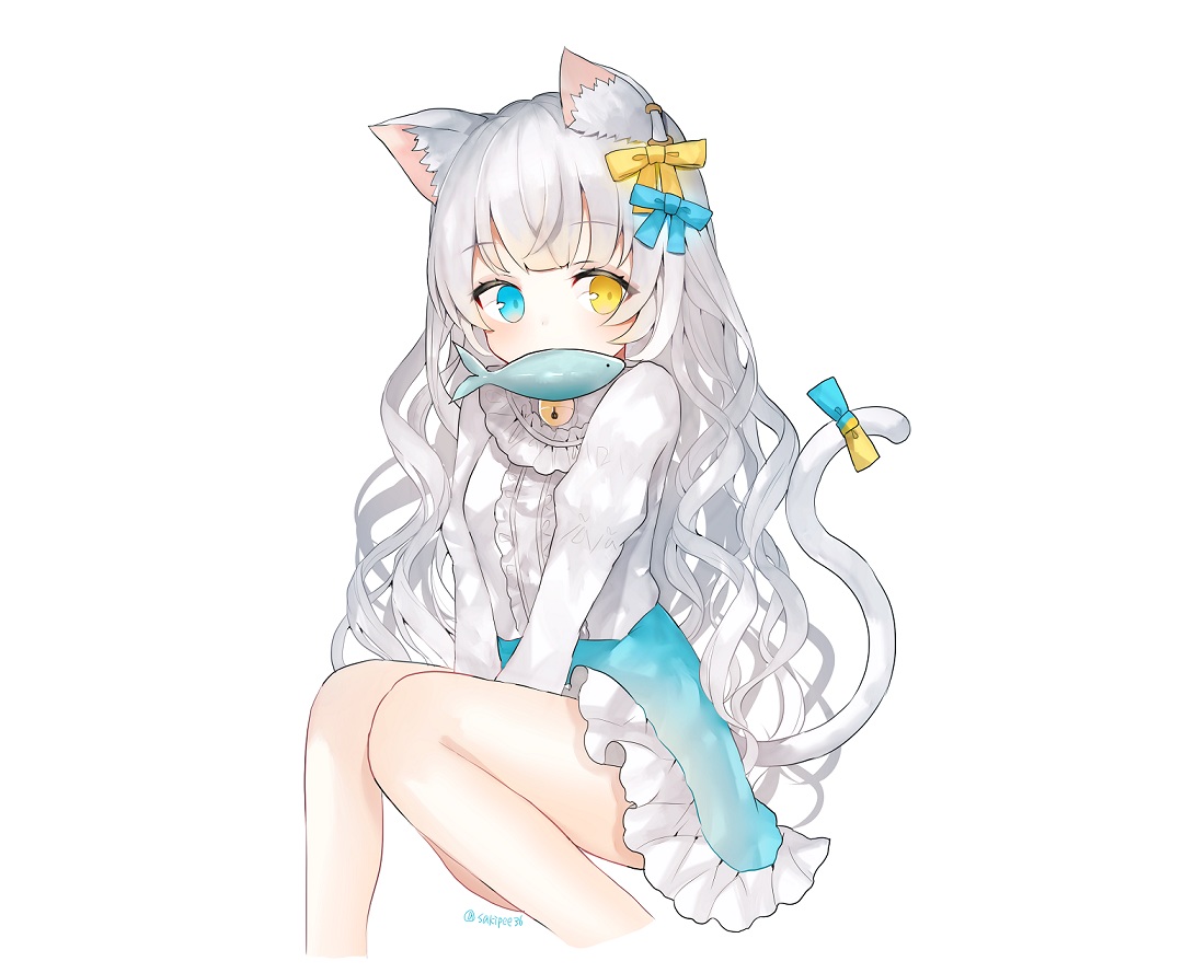 animal, animal_ears, bell, bicolored_eyes, bow, catgirl, fish, food, gray_hair, lolita_fashion, long_hair, original, sakipsakip, signed, skirt, tail, white