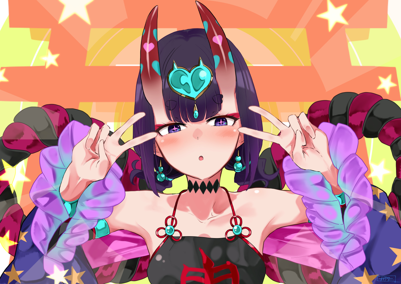 blush, close, demon, fate/grand_order, fate_(series), horns, japanese_clothes, nagatani_(nagata2), parody, purple_eyes, purple_hair, rope, short_hair, shuten_douji_(fate), signed, torii