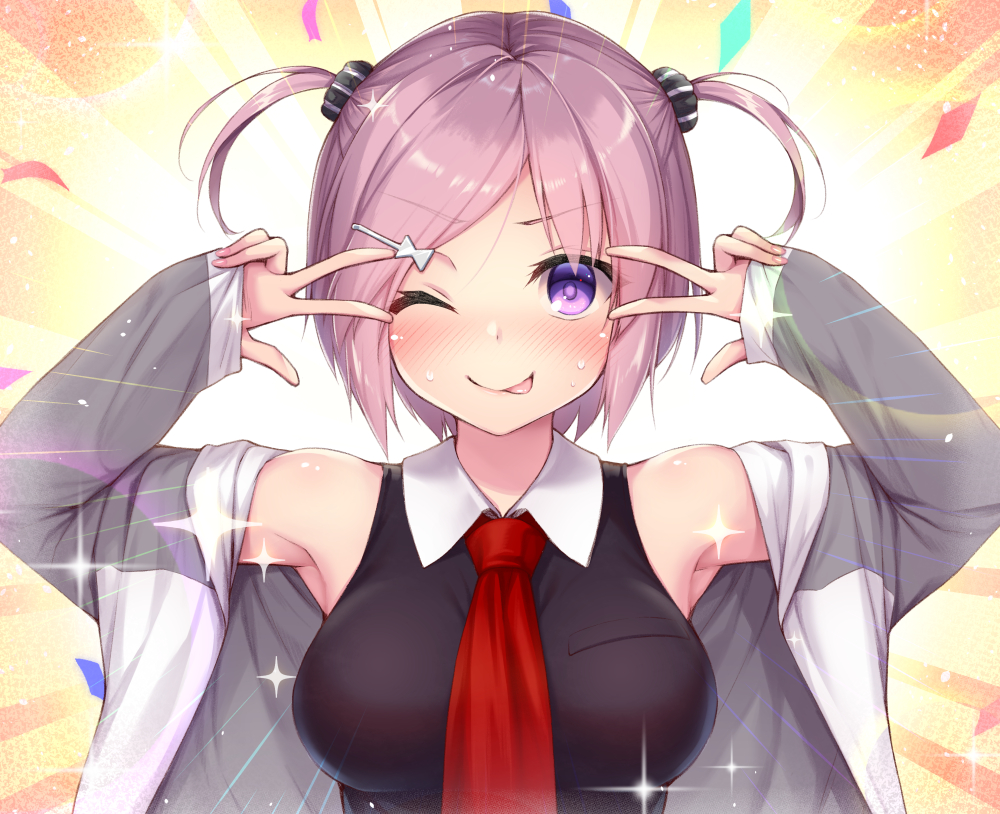 blush, breasts, fate/grand_order, fate_(series), hood, mash_kyrielight, nullken, parody, pink_hair, purple_eyes, short_hair, tie, twintails, wink