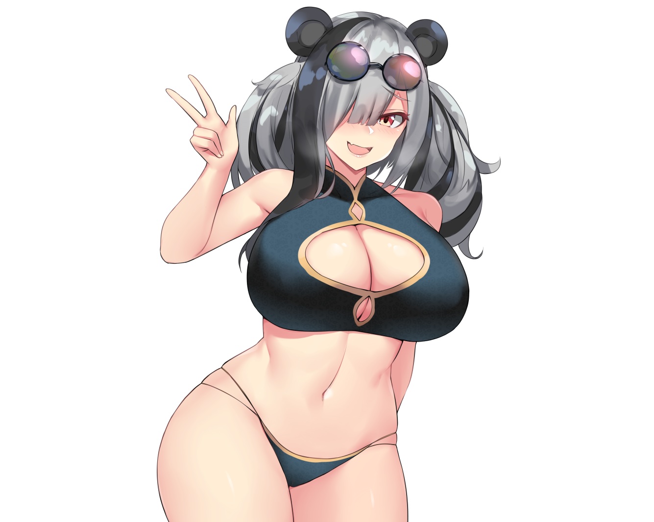 animal_ears, arknights, bikini, blush, breasts, cleavage, fang, feater_(arknights), gray_hair, kuavera, red_eyes, sunglasses, swimsuit, twintails, white