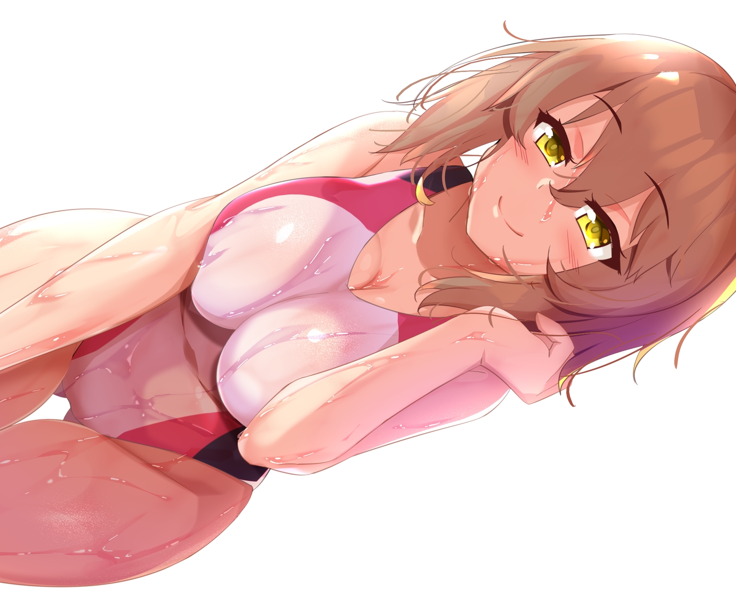anthropomorphism, blush, breast_hold, breasts, brown_hair, cleavage, green_eyes, kantai_collection