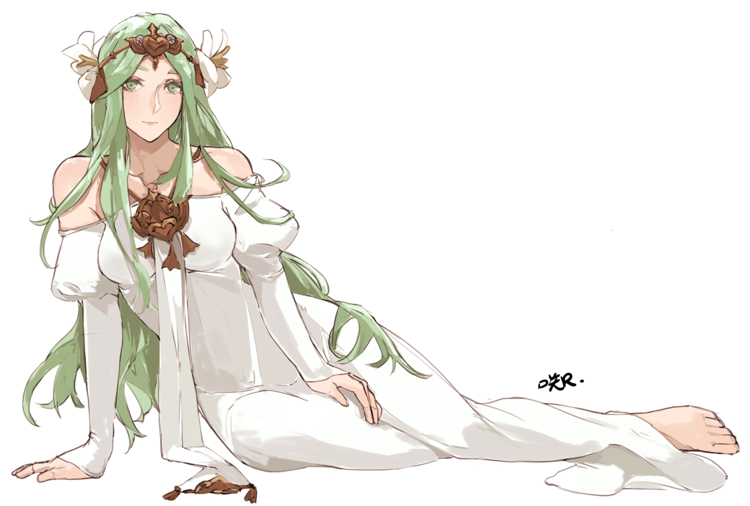 barefoot, fire_emblem, green_eyes, green_hair, headdress, long_hair, necklace, polychromatic