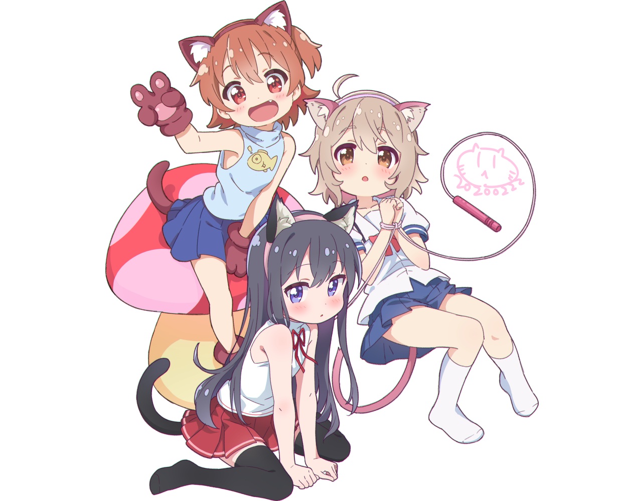 animal_ears, black_hair, blue_eyes, blush, bondage, brown_eyes, brown_hair, catgirl, fang, gloves, headband, hoshino_hinata, jigatei_(omijin), kneehighs, konomori_kanon, loli, long_hair, ponytail, red_eyes, rope, school_uniform, shirosaki_hana, short_hair, skirt, socks, tail, thighhighs, watashi_ni_tenshi_ga_maiorita!, white