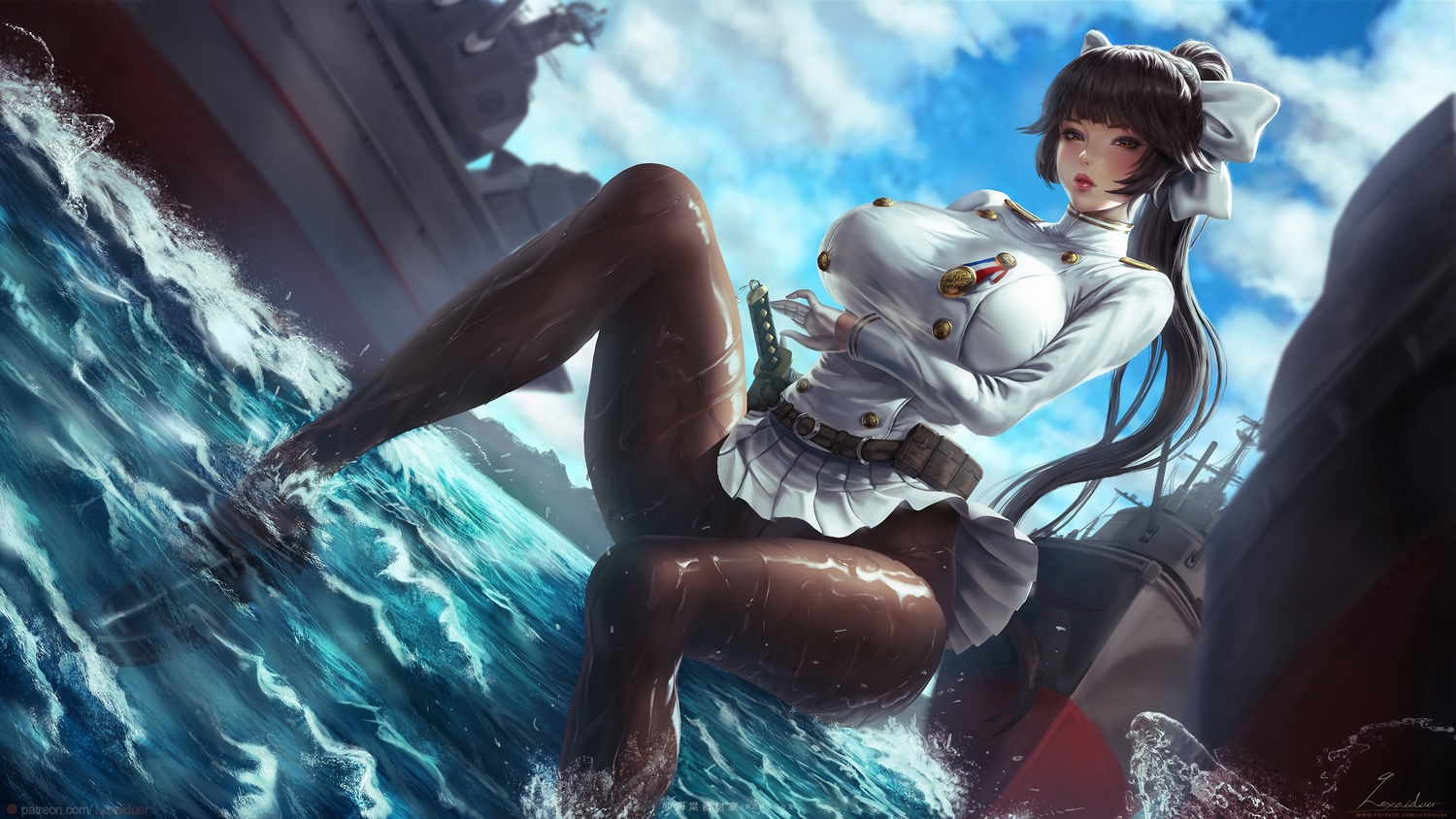 anthropomorphism, azur_lane, boat, breast_hold, lexaiduer, ponytail, realistic, takao_(azur_lane), thighhighs, watermark, wet