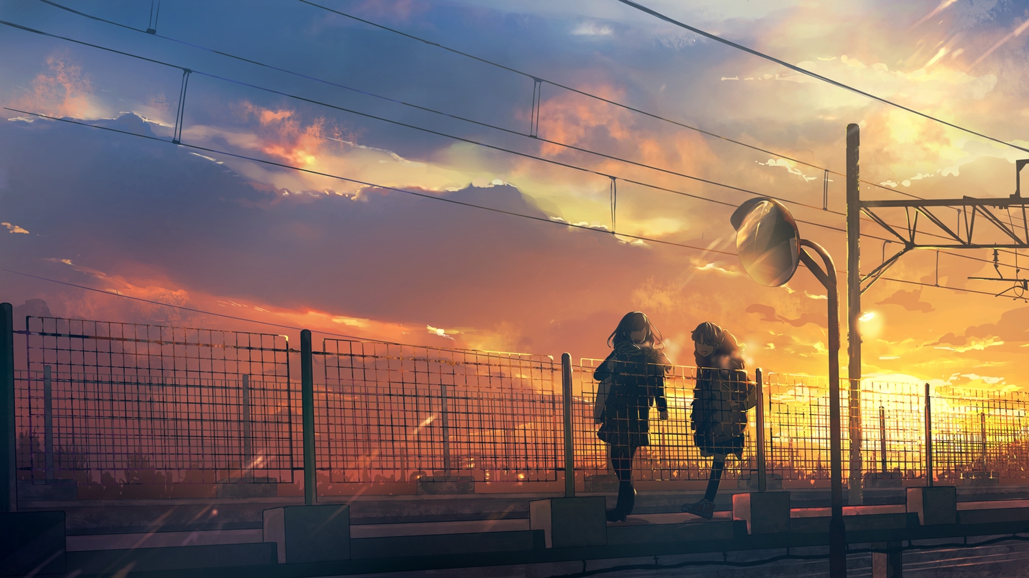 2girls, clouds, na_(sodium), original, scarf, scenic, sky, sunset