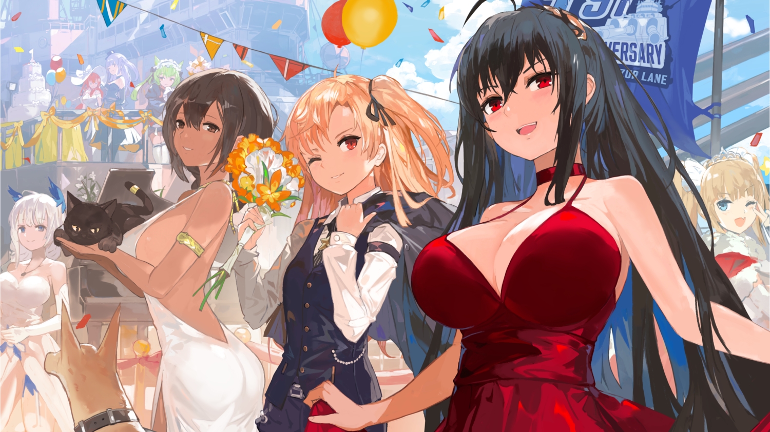 ajax_(azur_lane), akashi_(azur_lane), amazon_(azur_lane), andrian_gilang, animal, animal_ears, anthropomorphism, ass, azur_lane, black_hair, blonde_hair, blue_eyes, blush, breasts, brown_eyes, brown_hair, cat, cleavage, cleveland_(azur_lane), clouds, dark_skin, dog, dress, elbow_gloves, flowers, gloves, green_hair, hat, headband, illustrious_(azur_lane), long_hair, monarch_(azur_lane), no_bra, purple_hair, red_eyes, red_hair, sky, south_dakota_(azur_lane), taihou_(azur_lane), thighhighs, twintails, uniform, white_hair, wink