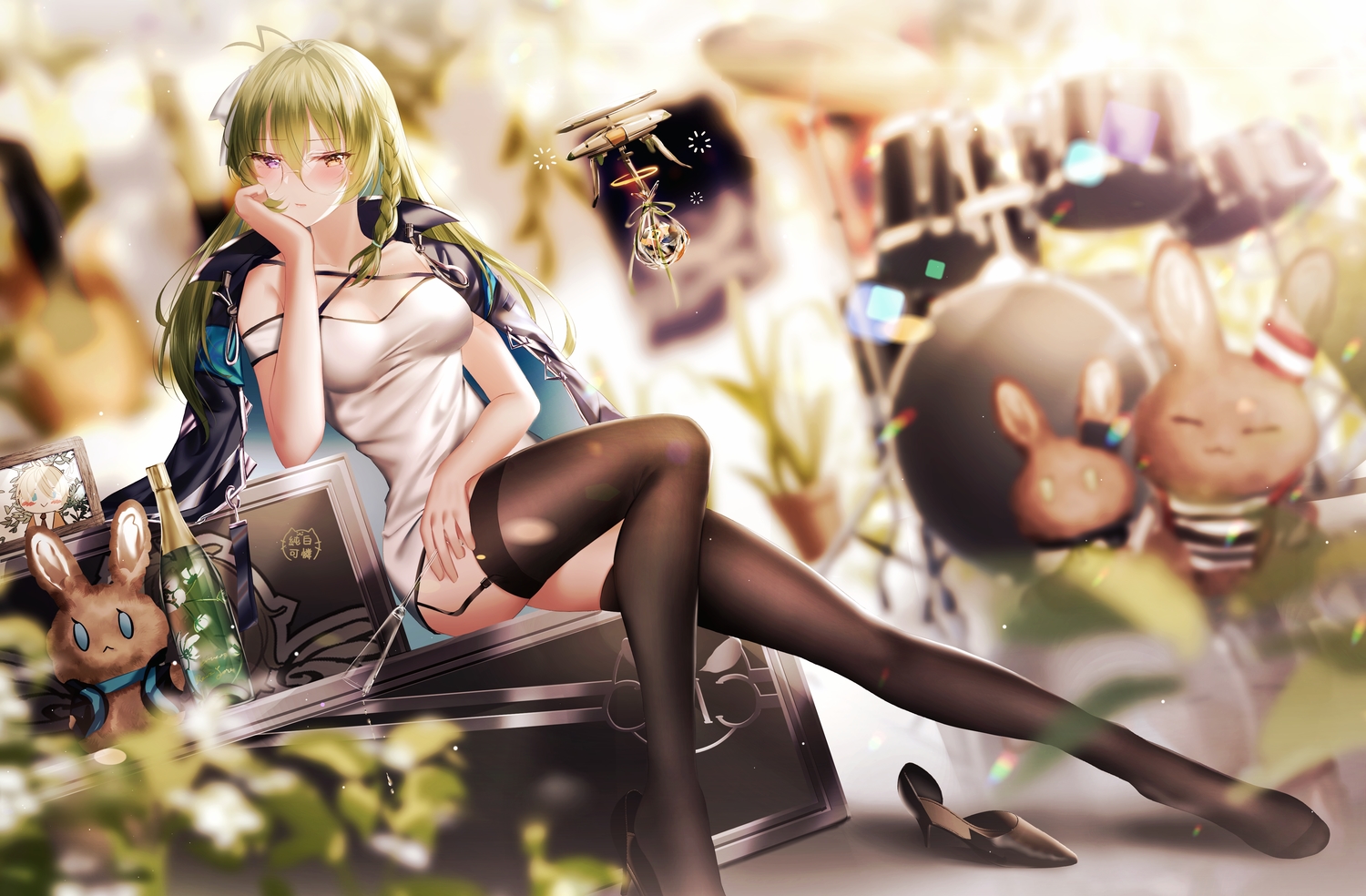 arknights, bicolored_eyes, blush, braids, brown_eyes, bunny, dress, drink, female_doctor_(arknights), glasses, green_hair, junpaku_karen, long_hair, purple_eyes, stockings
