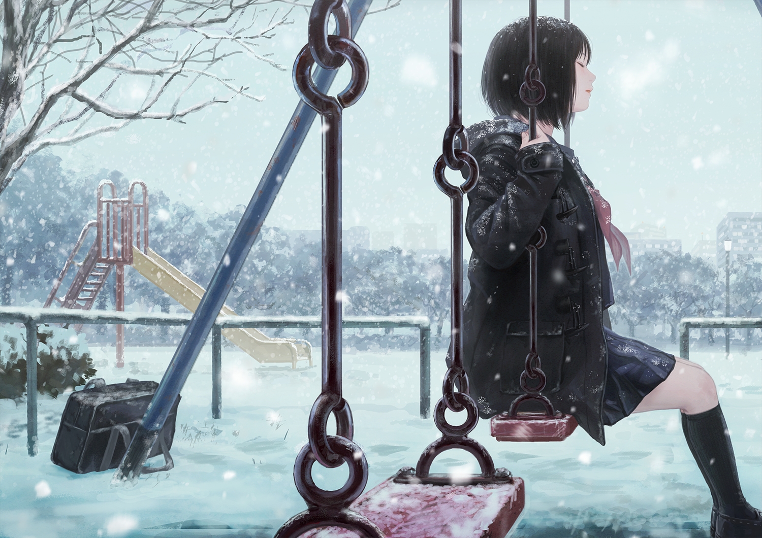 black_hair, hood, kneehighs, original, romiy, school_uniform, short_hair, skirt