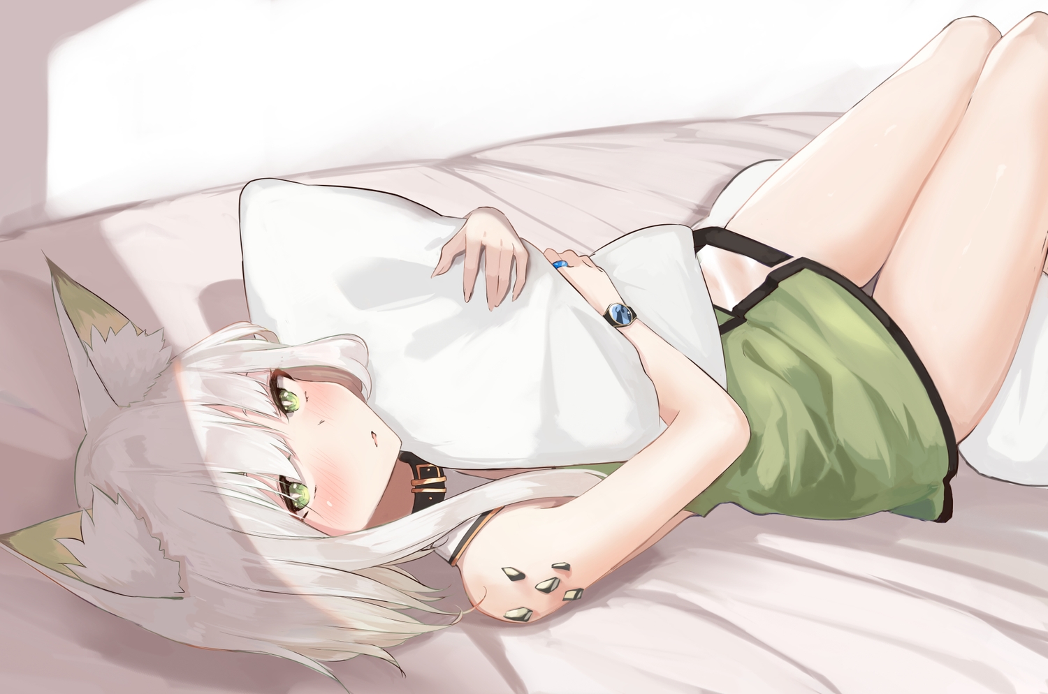 animal_ears, arknights, bed, blush, catgirl, dress, gray_hair, green_eyes
