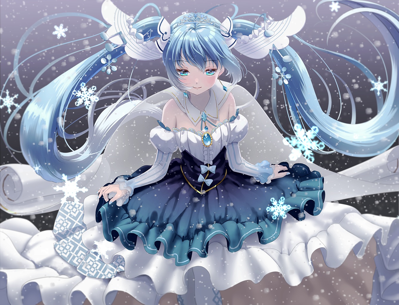 aqua_eyes, blue_hair, cape, dress, gradient, hatsune_miku, long_hair, mueririko, snow, tiara, twintails, vocaloid, yuki_miku