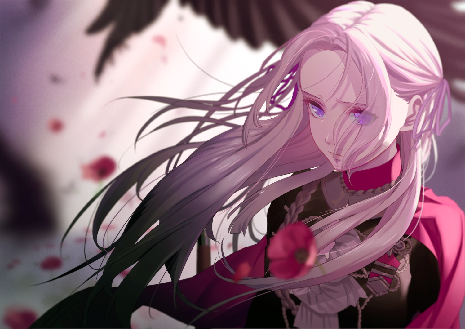 edelgard_von_hresvelg, fire_emblem, flowers, long_hair, mueririko, pink_hair, purple_eyes, uniform