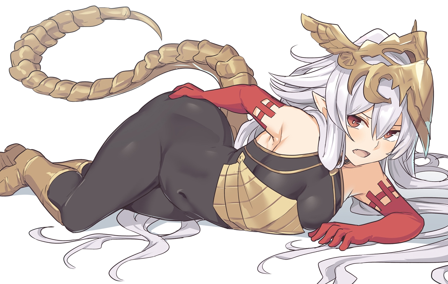 bodysuit, boots, elbow_gloves, fang, gloves, granblue_fantasy, headdress, hirame_sa