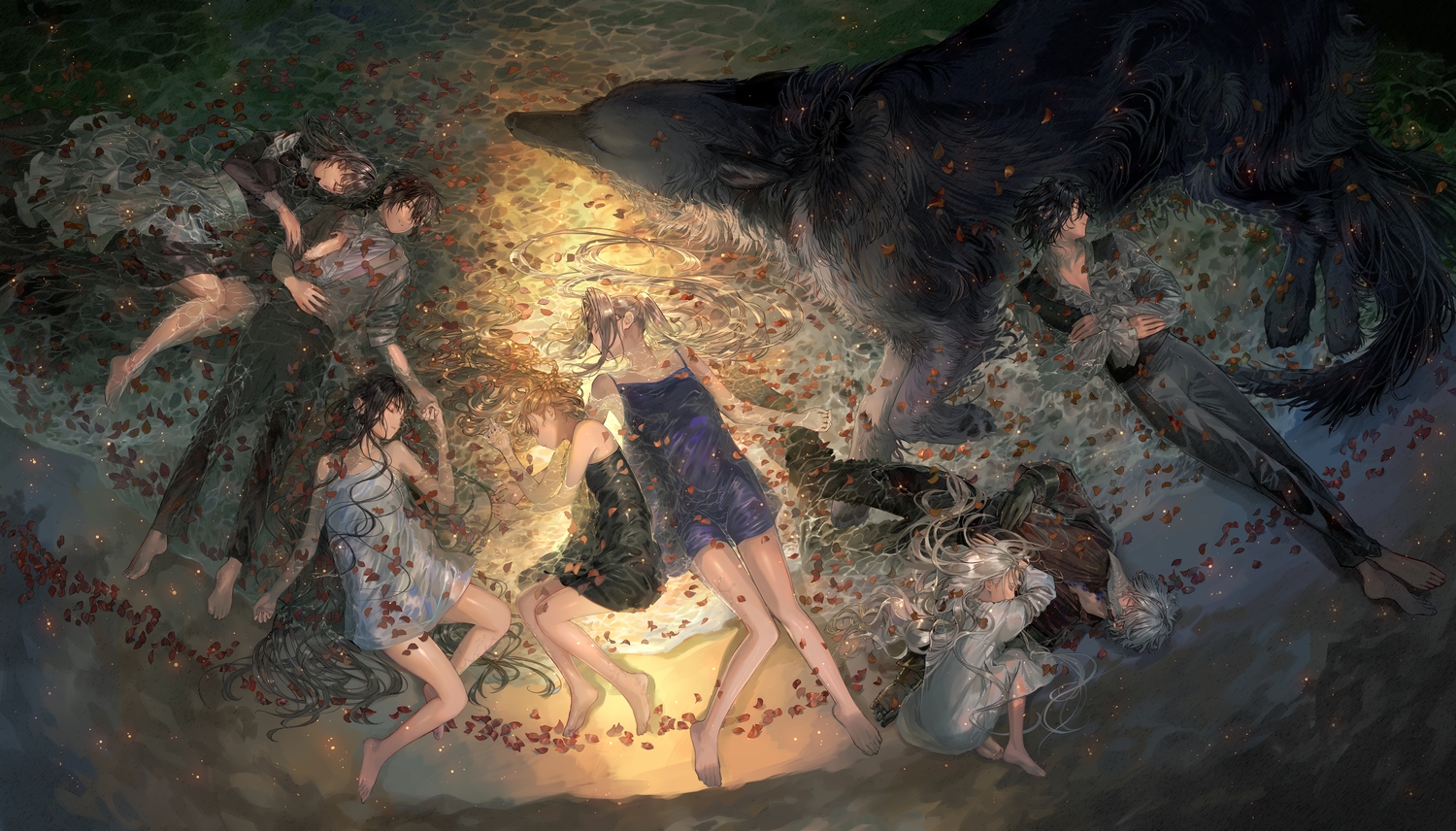 animal, barefoot, black_hair, brown_hair, dress, group, isekai_goumon_hime, loli