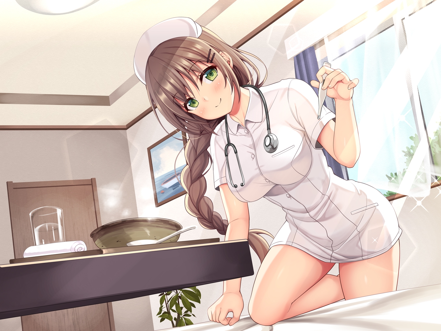 bed, blush, braids, drink, green_eyes, long_hair, nurse, original, ponytail, utsurogi_akira