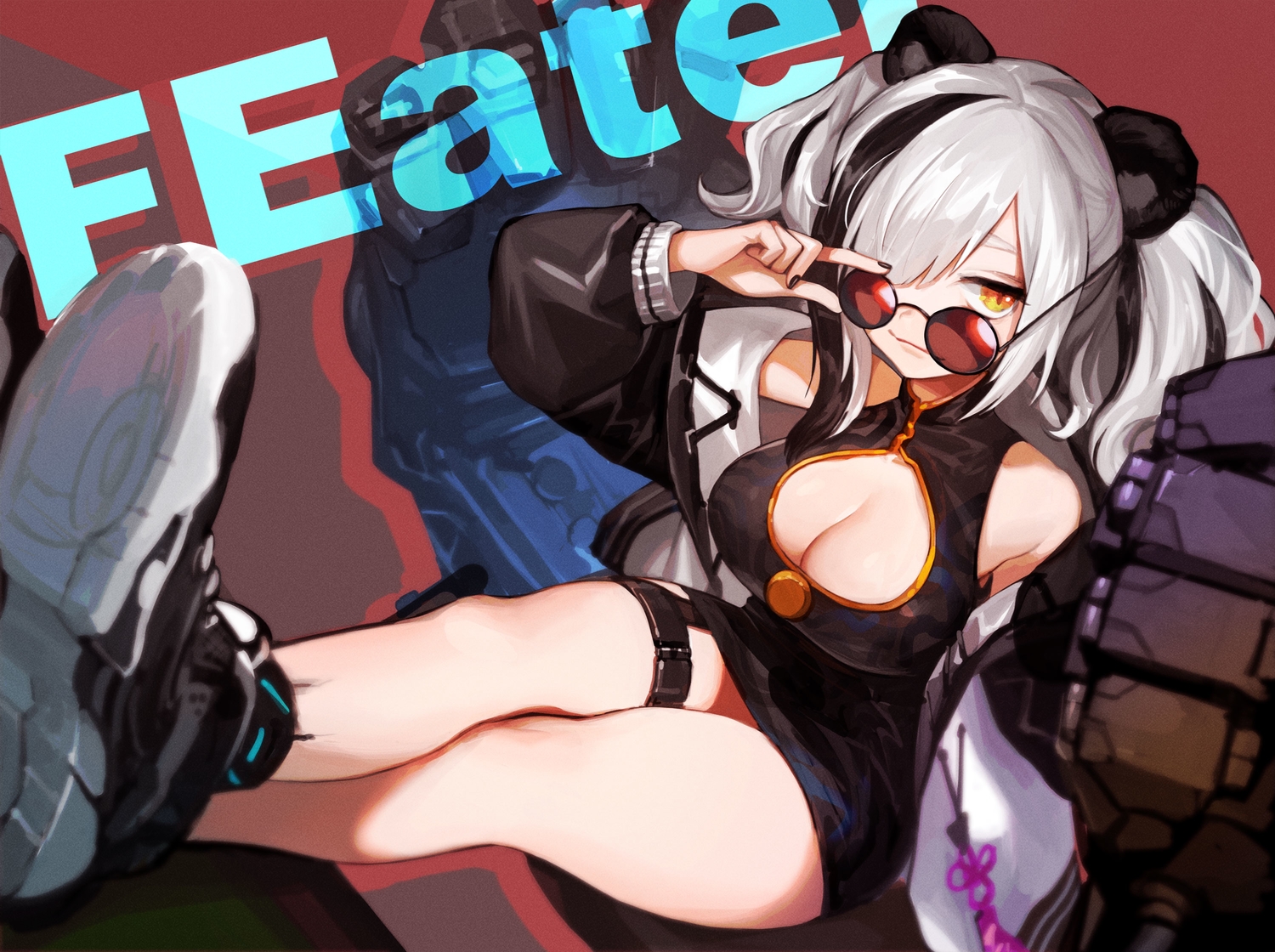 animal_ears, anthropomorphism, arknights, breasts, brown_eyes, chinese_clothes, chinese_dress, cleavage