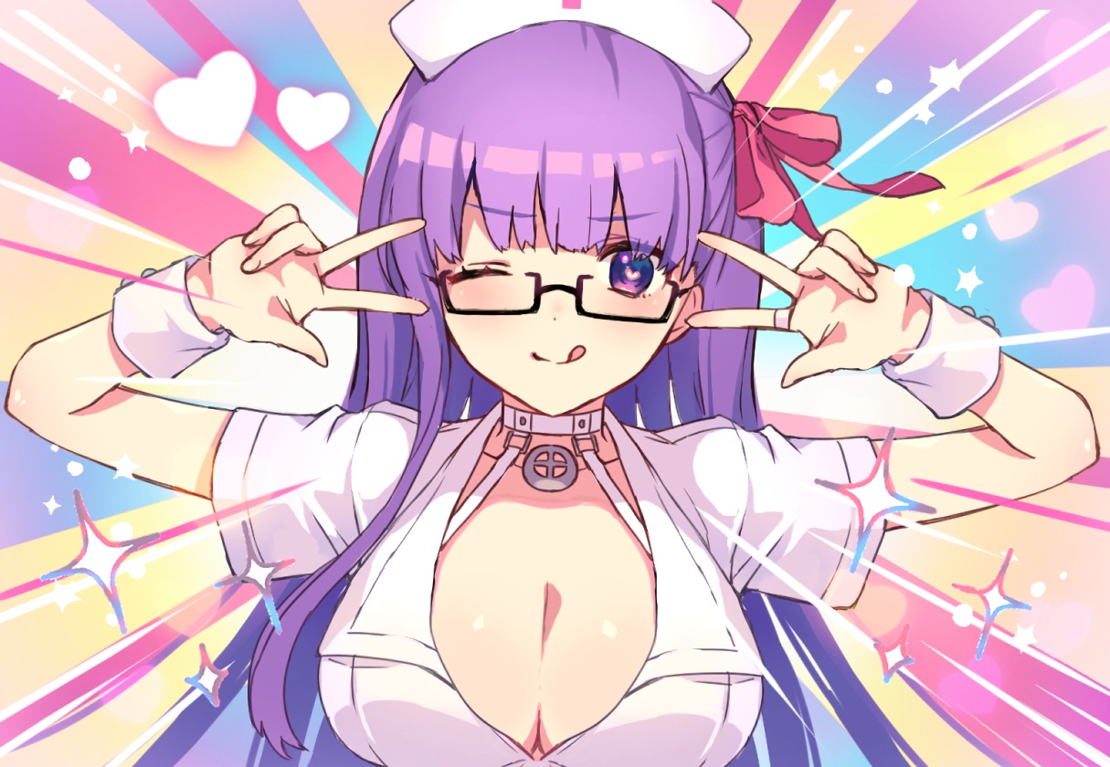 bb_(fate), blush, breasts, cleavage, fate/grand_order, fate_(series), glasses, headdress, heart, long_hair, nurse, parody, purple_eyes, purple_hair, ribbons, uniform, vivi_(eve_no_hakoniwa), waifu2x, wink, wristwear