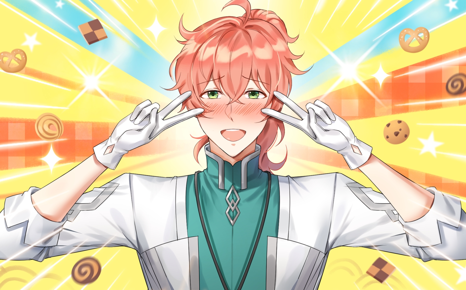 all_male, blush, fate/grand_order, fate_(series), food, gloves, green_eyes, male