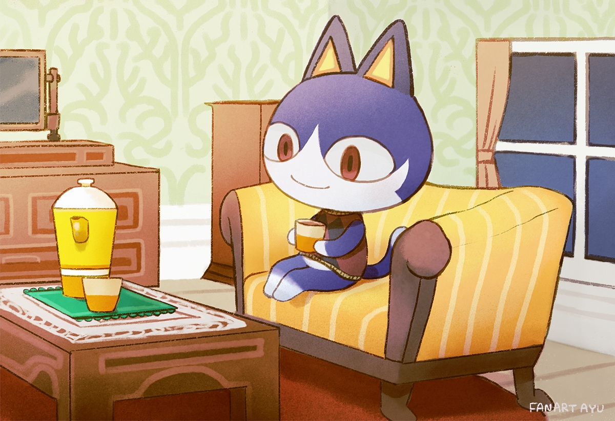 animal, ayu_(mog), cat, couch, doubutsu_no_mori, drink, mishiranu_neko, red_eyes
