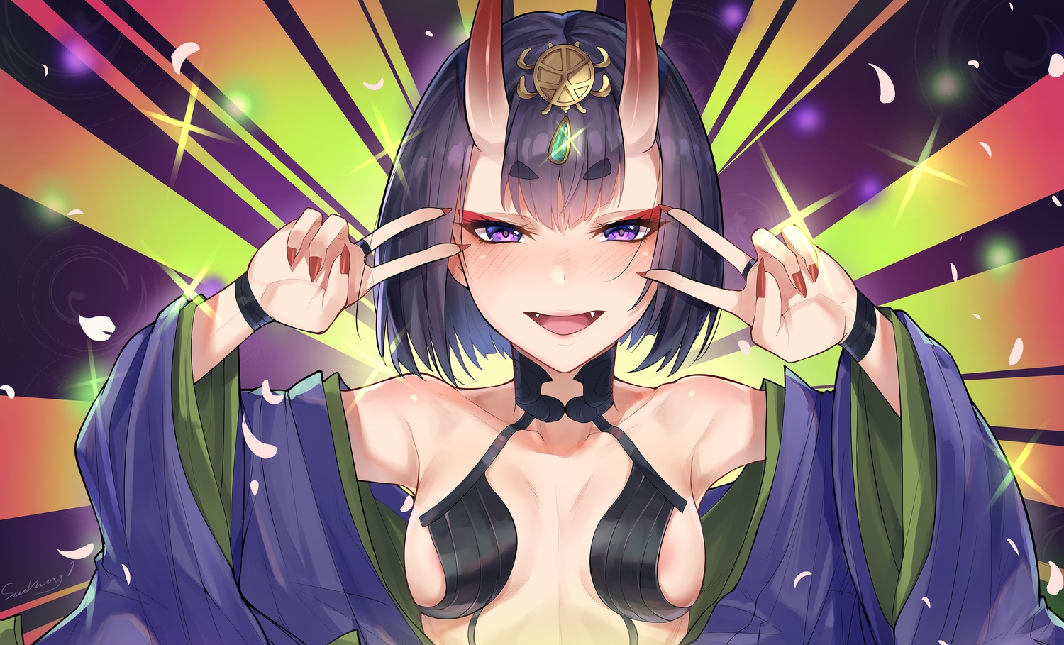 blush, breasts, close, demon, fang, fate/grand_order, fate_(series), horns, japanese_clothes, kaer_sasi_dianxia, kimono, parody, purple_eyes, purple_hair, short_hair, shuten_douji_(fate), signed, wristwear