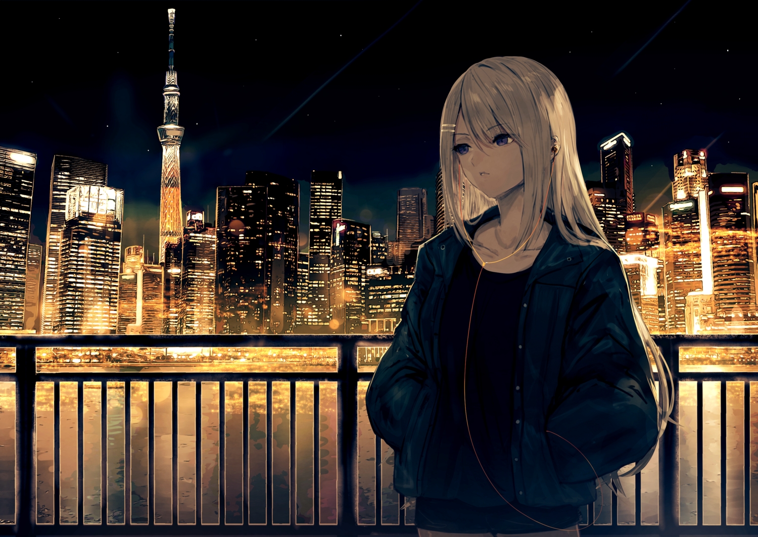 blonde_hair, blue_eyes, building, city, headphones, higuchi_kaede, long_hair, misaki_nonaka