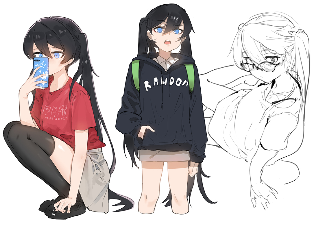 anchovy_(artist), black_hair, black_rock_shooter, blue_eyes, camera, glasses, hood, kuroi_mato, long_hair, phone, sketch, skirt, thighhighs, twintails, white