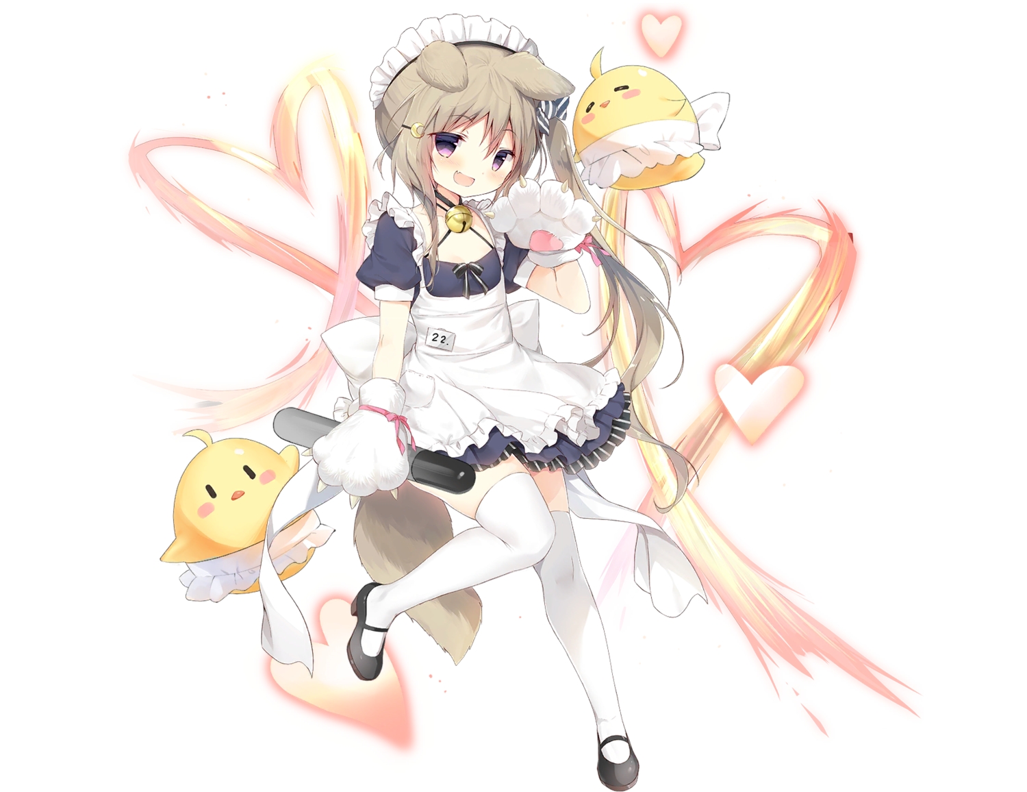 animal, animal_ears, anthropomorphism, apron, azur_lane, bell, bird, doggirl, fang, flat_chest, gloves, heart, loli, long_hair, maid, manjuu_(azur_lane), nagatsuki_(azur_lane), ponytail, shiratama, tail, thighhighs, white, zettai_ryouiki