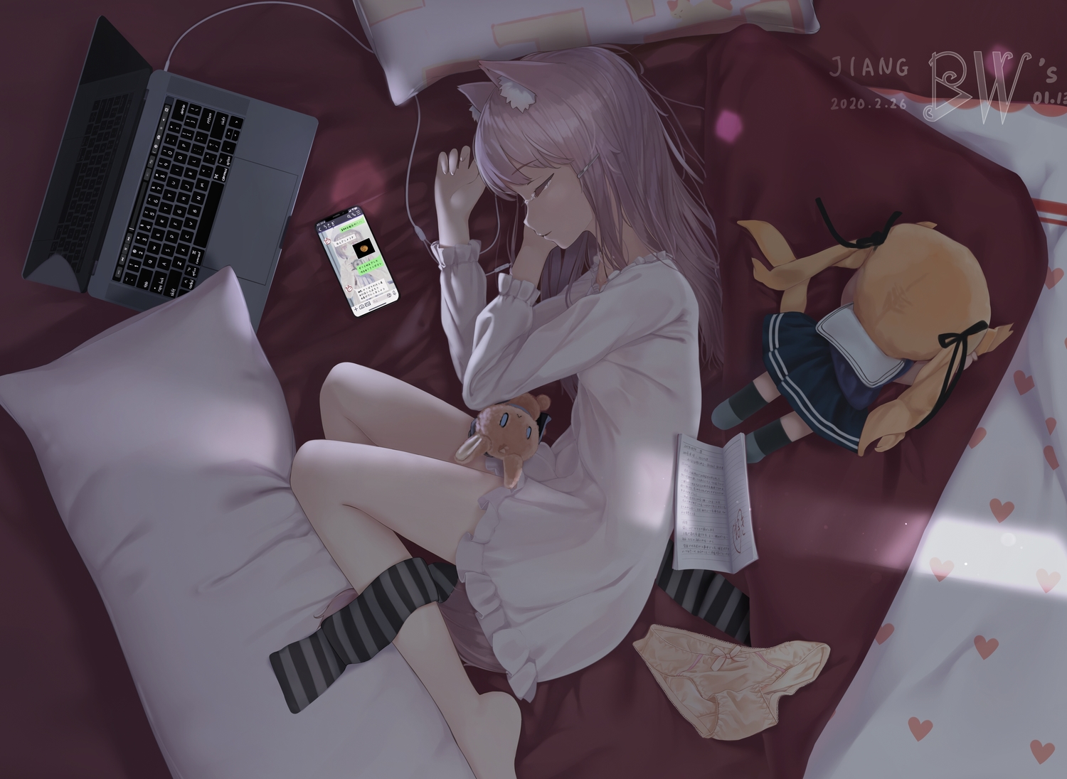 animal_ears, bed, catgirl, computer, crying, doll, jcj0125, long_hair