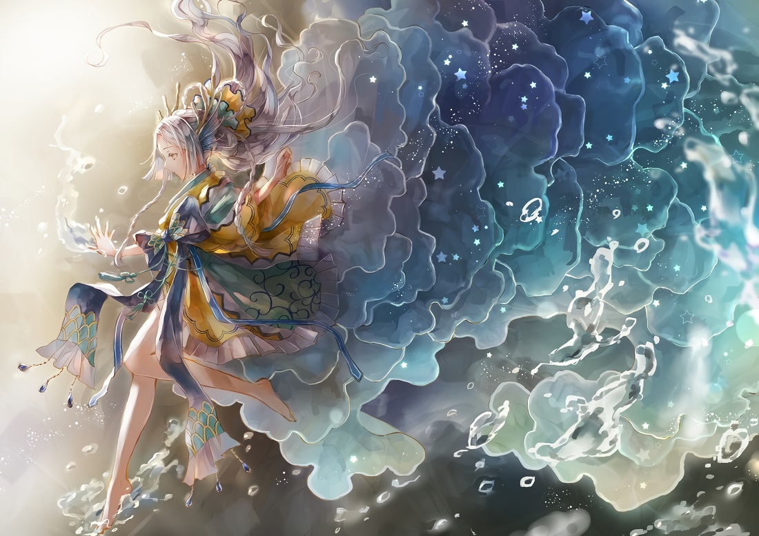 barefoot, braids, gray_hair, horns, japanese_clothes, long_hair, misaki_yuu_(misaki_1192), original