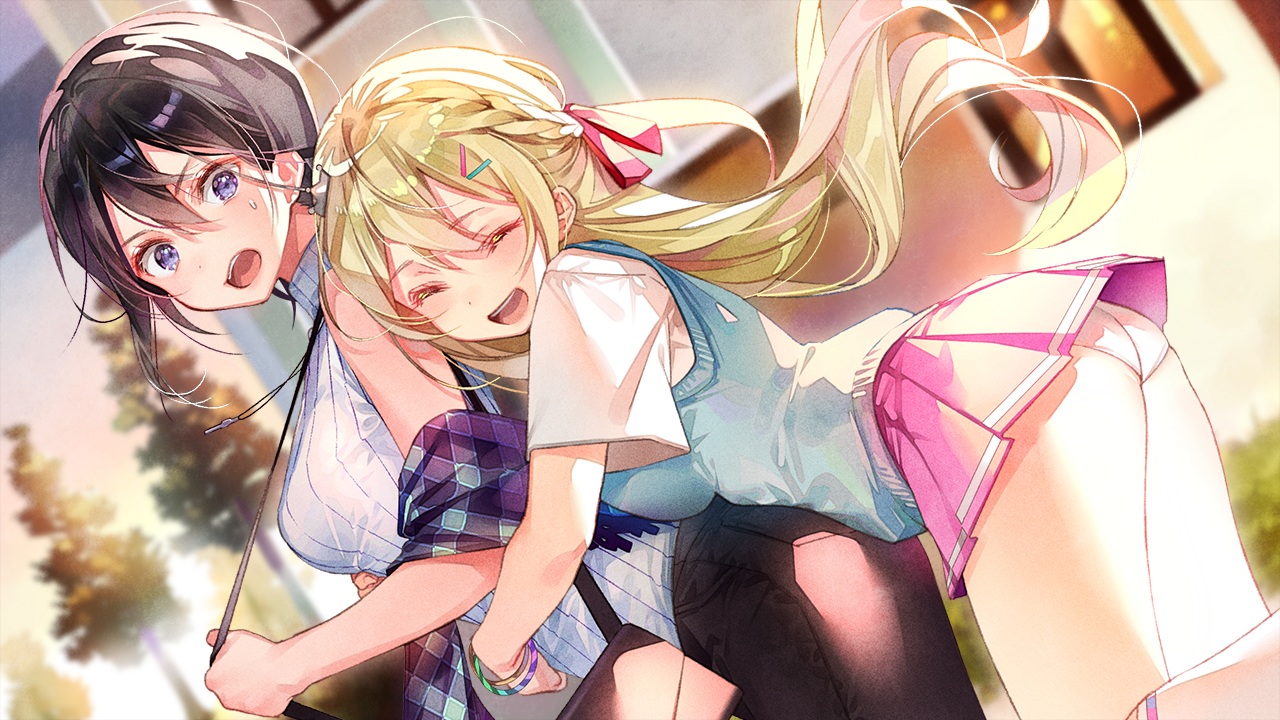 2girls, ass, black_hair, blonde_hair, blush, brown_eyes, dsmile, furutachi_ren