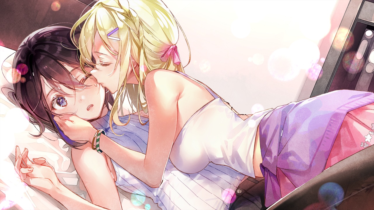 2girls, blonde_hair, blue_eyes, blush, braids, brown_hair, dsmile, furutachi_ren, game_cg, hayahoshi_akuru, kiss, long_hair, oshi_no_love_yori_koi_no_love, short_hair, shoujo_ai, skirt, wink