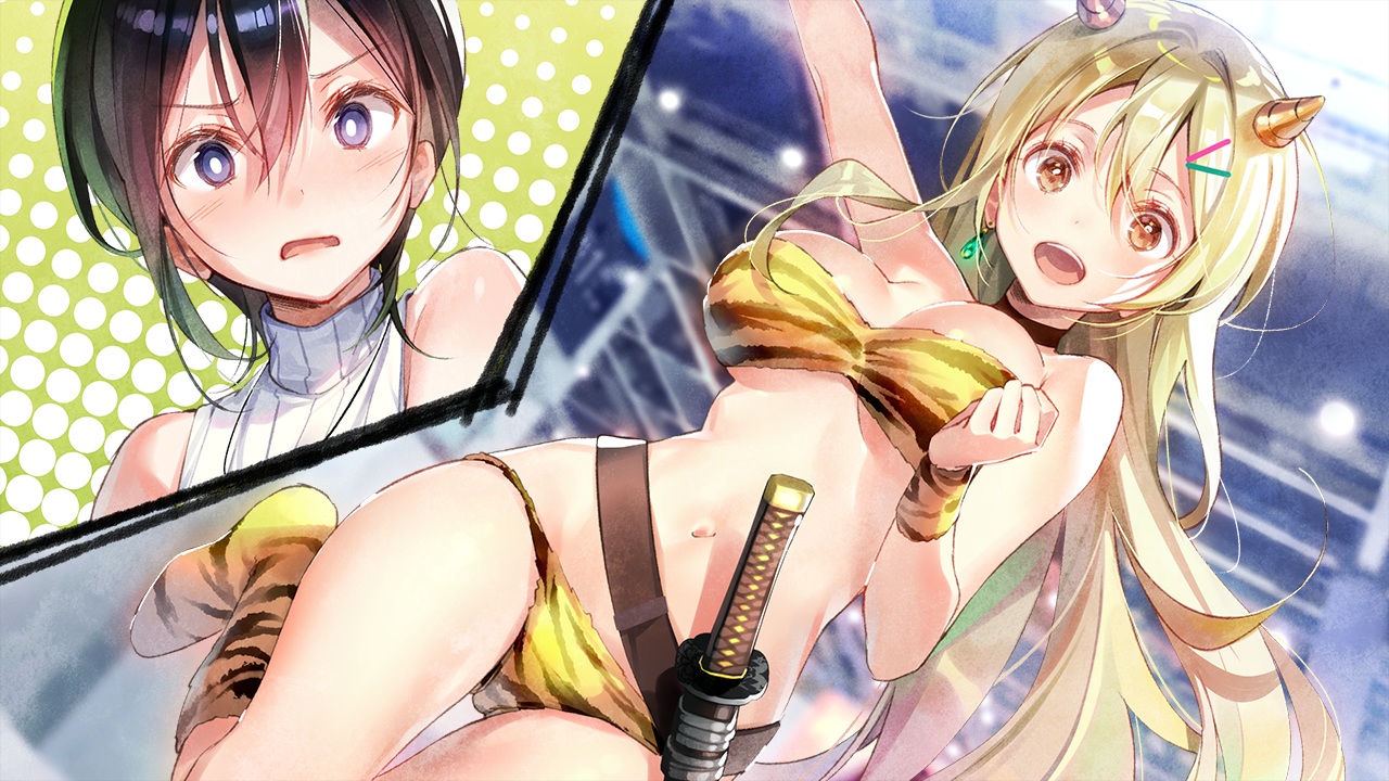 2girls, bikini, black_hair, blonde_hair, blue_eyes, blush, brown_eyes, cosplay, demon, dsmile, furutachi_ren, game_cg, garter_belt, hayahoshi_akuru, horns, katana, long_hair, navel, oshi_no_love_yori_koi_no_love, short_hair, swimsuit, sword, weapon