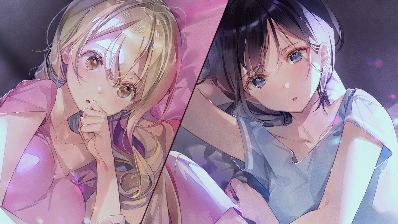 2girls, blonde_hair, blue_eyes, blush, brown_hair, close, dsmile, furutachi_ren