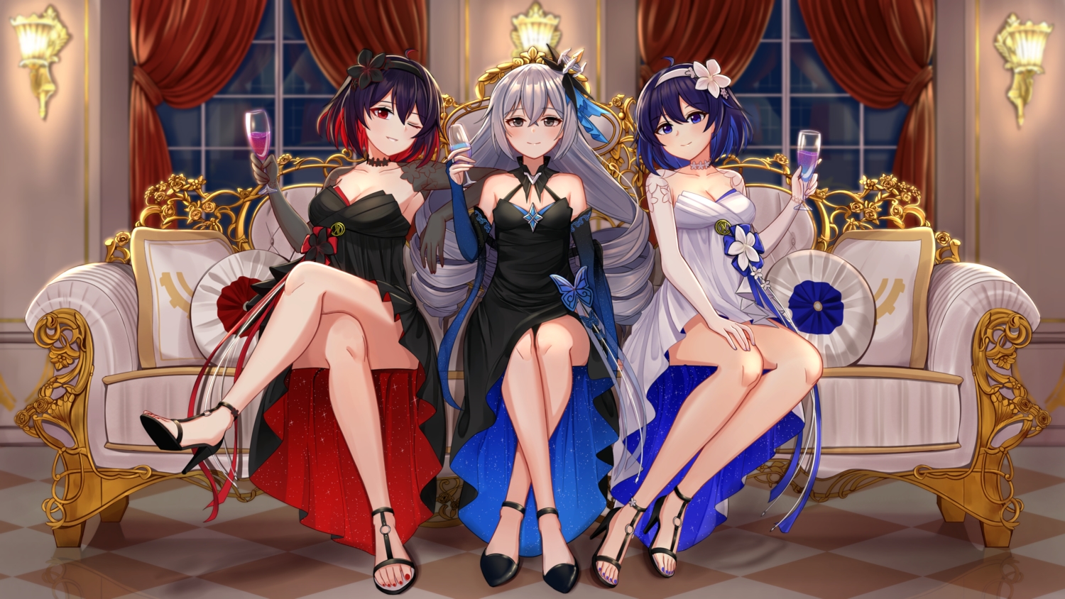 aircell, black_eyes, blue_eyes, blue_hair, blush, bronya_zaychik, couch, dress