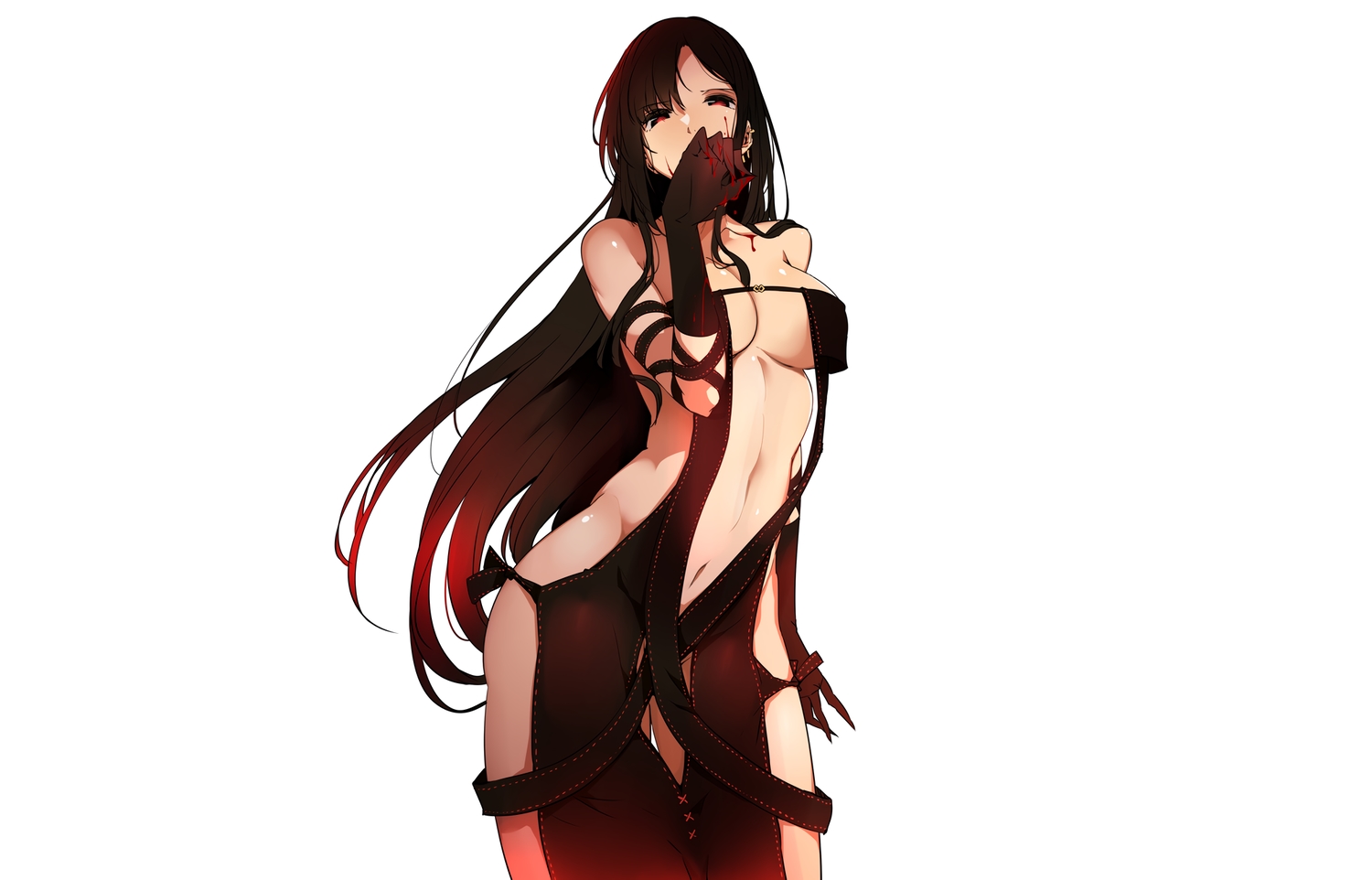 blood, brown_hair, consort_yu_(fate), dress, elbow_gloves, fate/grand_order, fate_(series), gloves, long_hair, navel, no_bra, red_eyes, third-party_edit, tokiwa_mmm, white