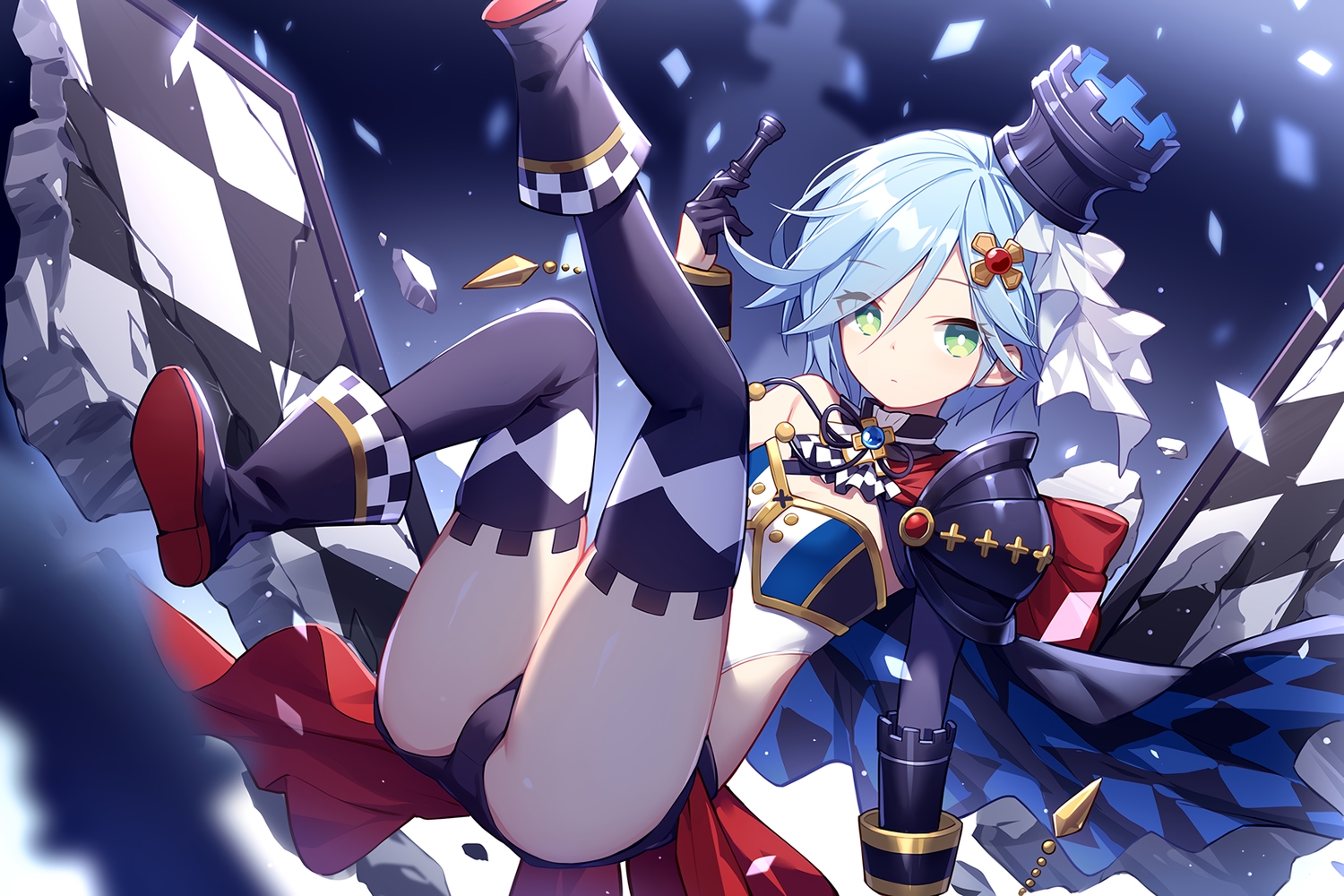 armor, blue_hair, cameltoe, cape, cornelia_(girl_cafe_gun), girl_cafe_gun_(game), gloves, green_eyes
