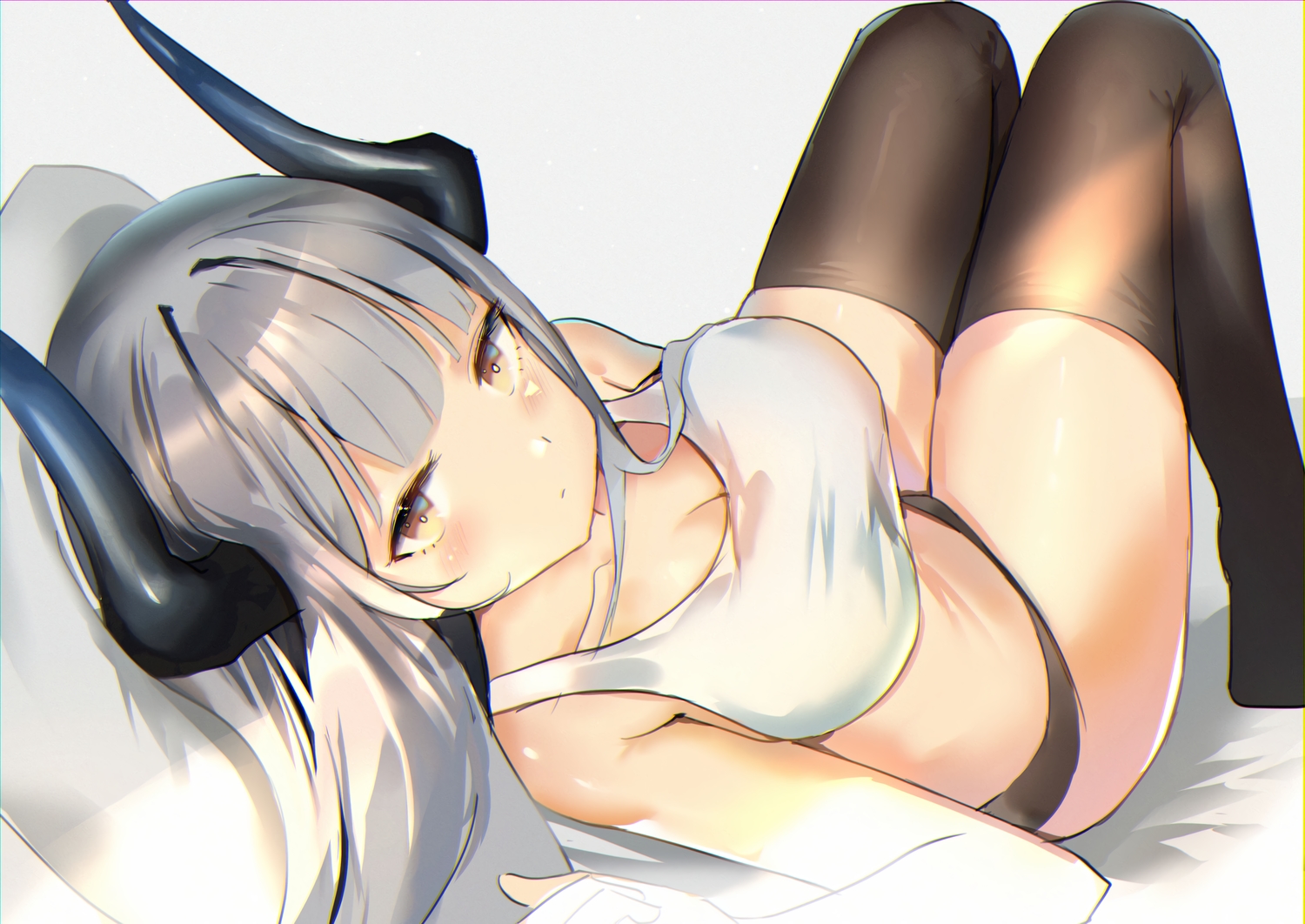 arknights, blush, breasts, brown_eyes, cleavage, gray_hair, horns, liskam_(arknights), long_hair, panties, tagme_(artist), thighhighs, underwear