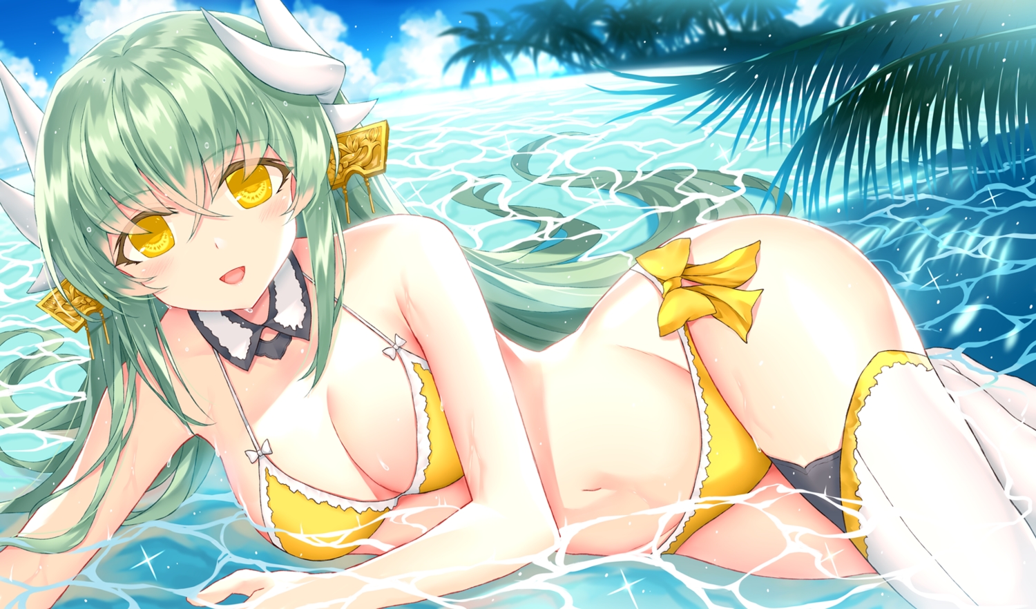 bikini, fate/grand_order, fate_(series), green_hair, horns, kiyohime_(fate/grand_order), long_hair, morizono_shiki