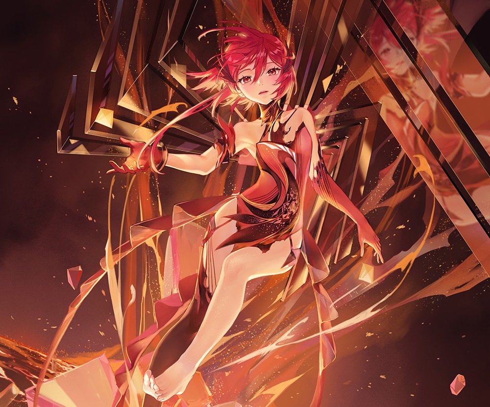 atdan, barefoot, chiyu_(synthv), cropped, dress, elbow_gloves, fire, gloves