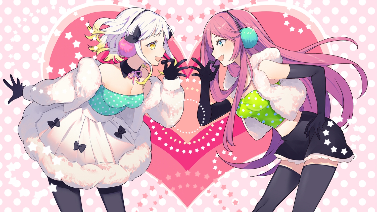 2girls, 447_records, crossover, elbow_gloves, gloves, happy_synthesizer_(vocaloid), headphones, megurine_luka, sogawa66, thighhighs, vocaloid, yuzuha_(yuzuha_virtual)