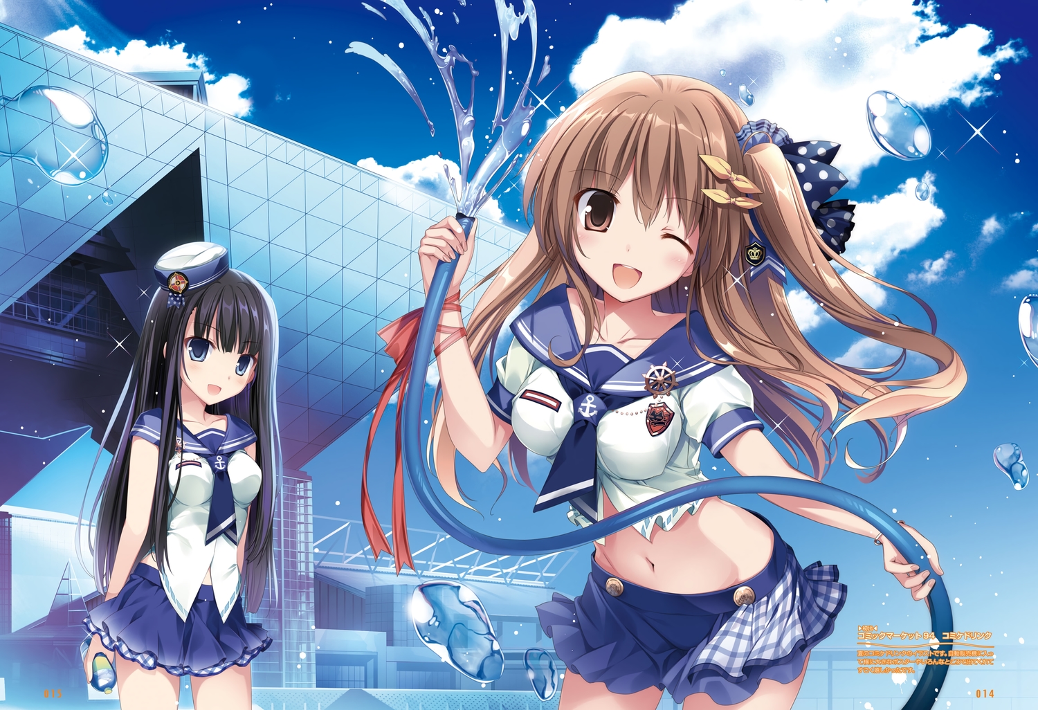 2girls, aomi_maika, black_hair, blue_eyes, blush, brown_eyes, brown_hair, building