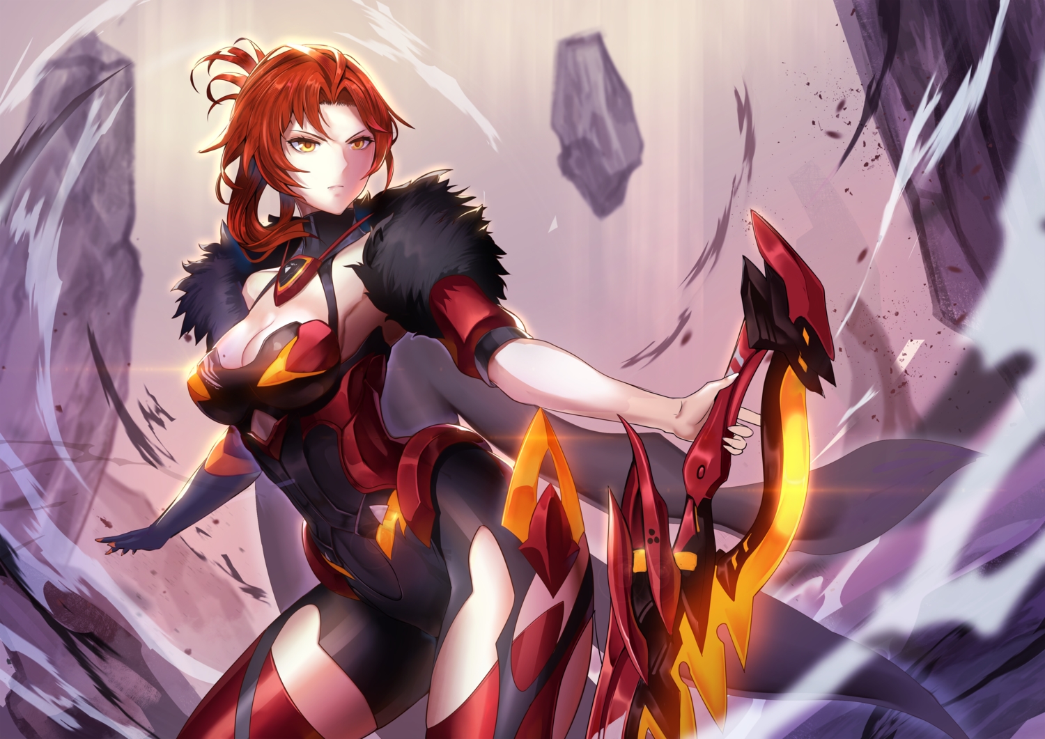 bodysuit, breasts, cape, cleavage, hidezi, honkai_impact, honkai_(series), murata_himeko, red_hair, short_hair, sword, weapon, yellow_eyes