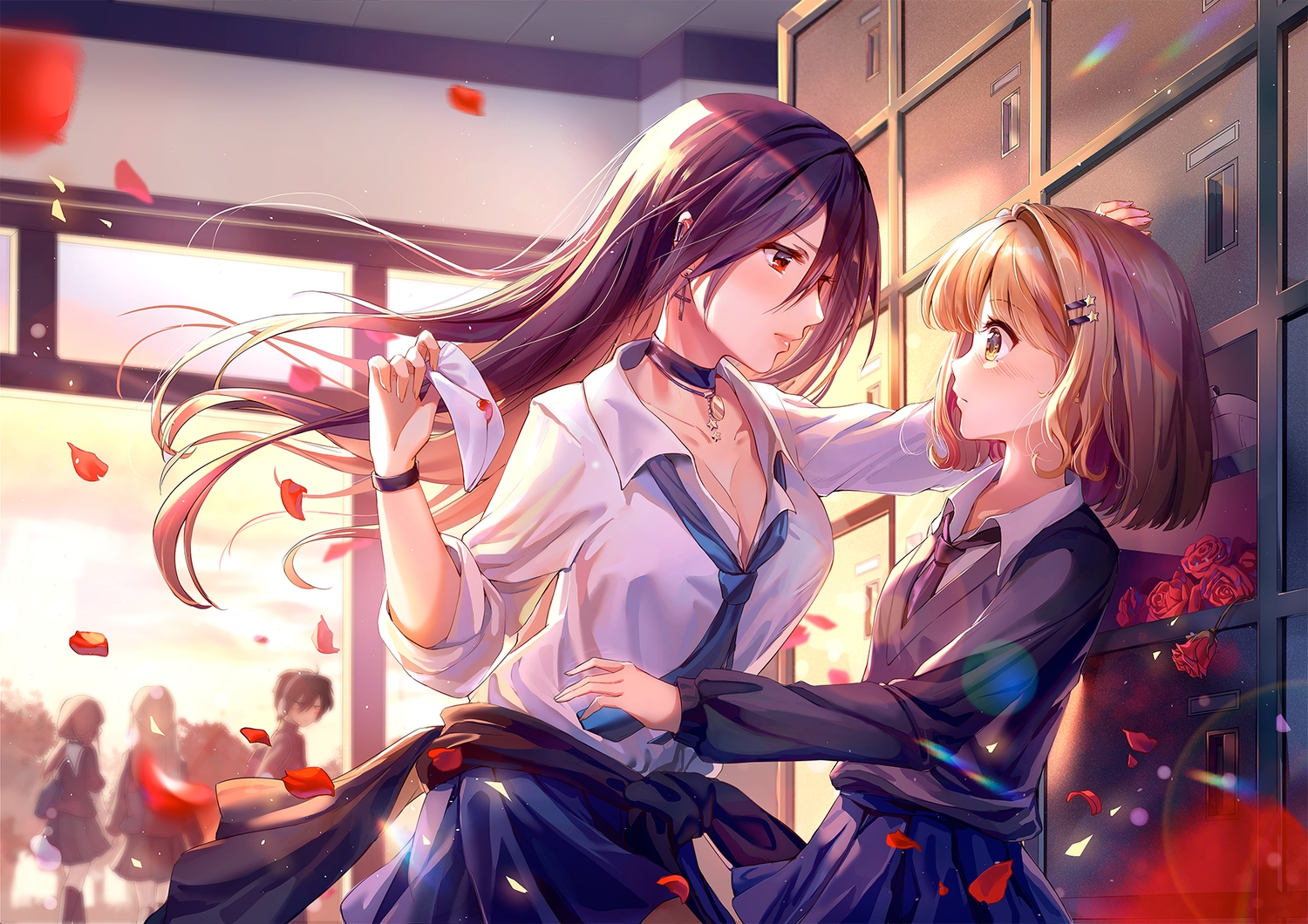 blonde_hair, blush, brown_hair, cross, flowers, lalazyt, long_hair, original
