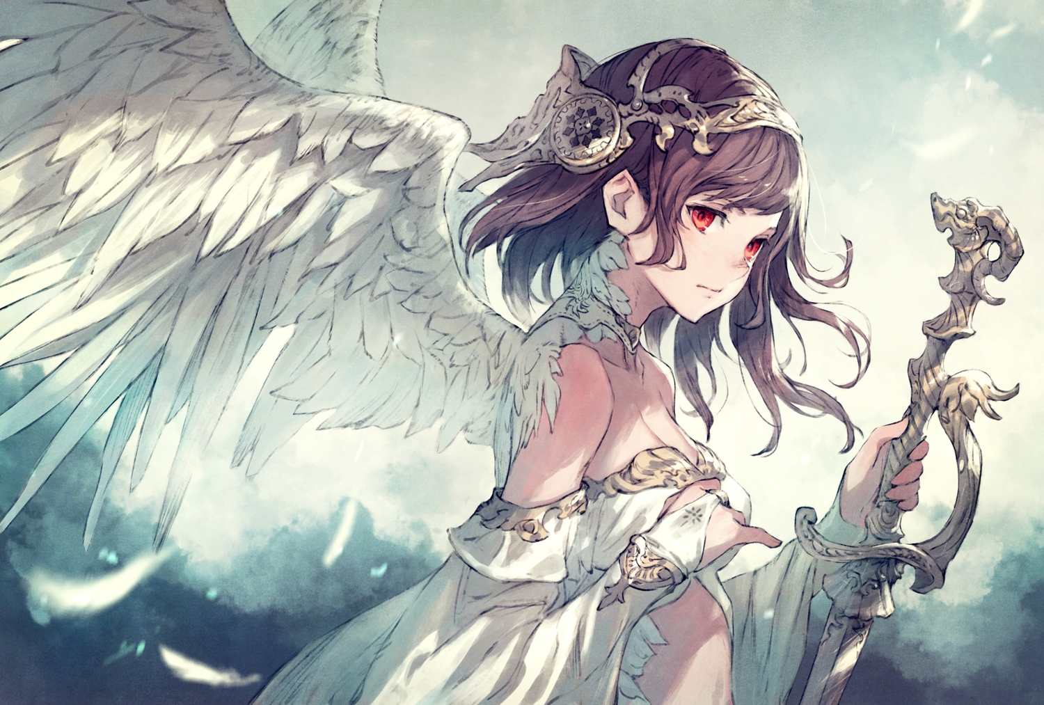 angel, brown_hair, feathers, kusano_shinta, original, red_eyes, sword, weapon