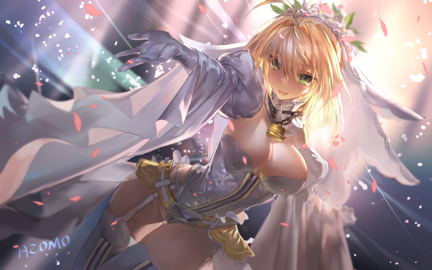 avamone, blonde_hair, blush, breasts, cleavage, fate/grand_order, fate_(series), flowers