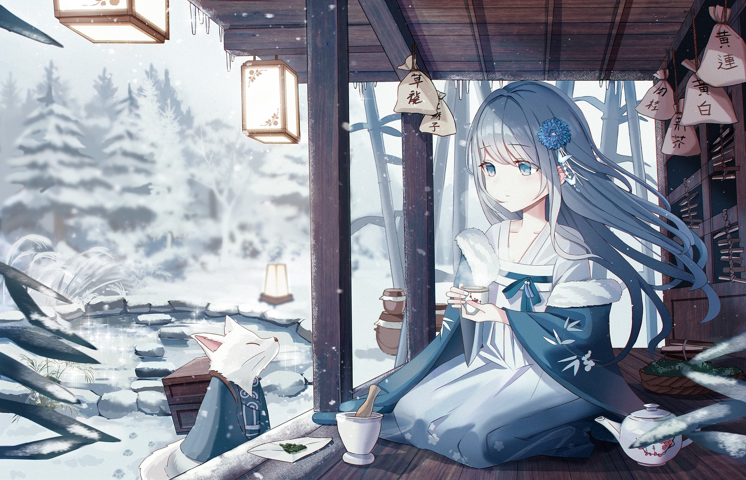animal, blue_eyes, blue_hair, building, chinese_clothes, drink, fox, iren_lovel