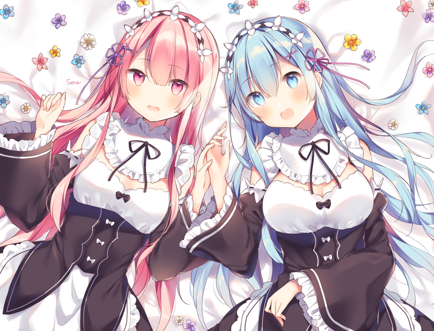 2girls, aqua_eyes, aqua_hair, breasts, cleavage, flowers, long_hair, maid