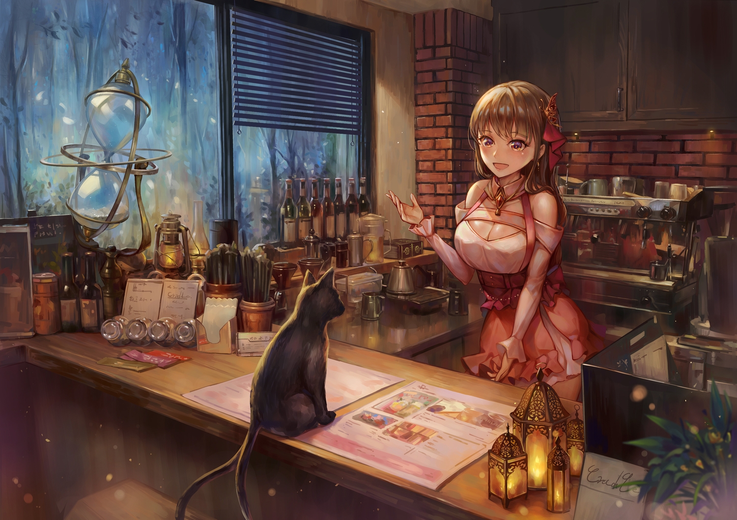 animal, blush, brown_eyes, brown_hair, cat, drink, long_hair, multiple_tails
