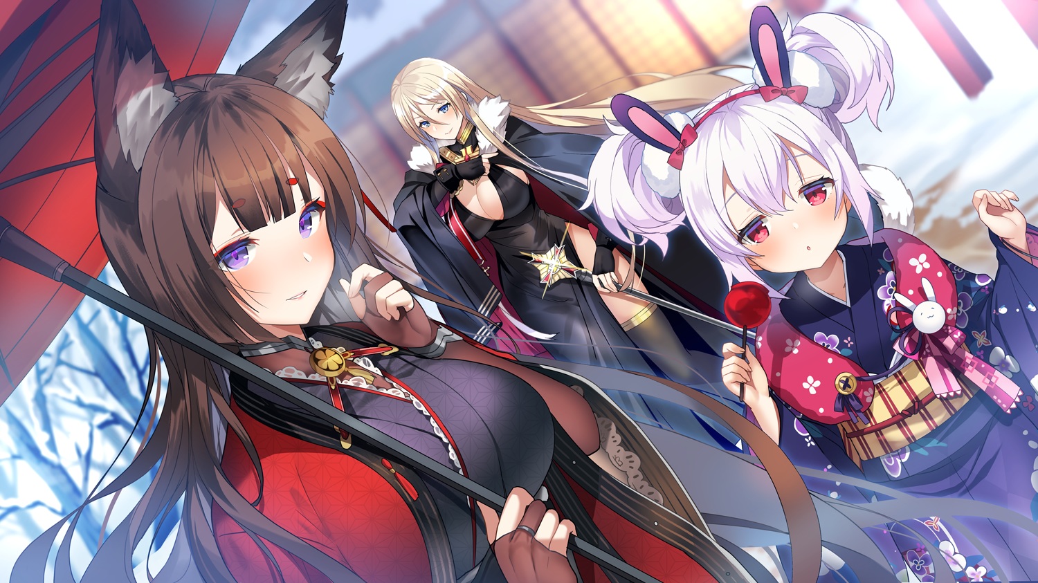 amagi_(azur_lane), animal_ears, anthropomorphism, apple, azur_lane, bismarck_(azur_lane), blonde_hair, blue_eyes
