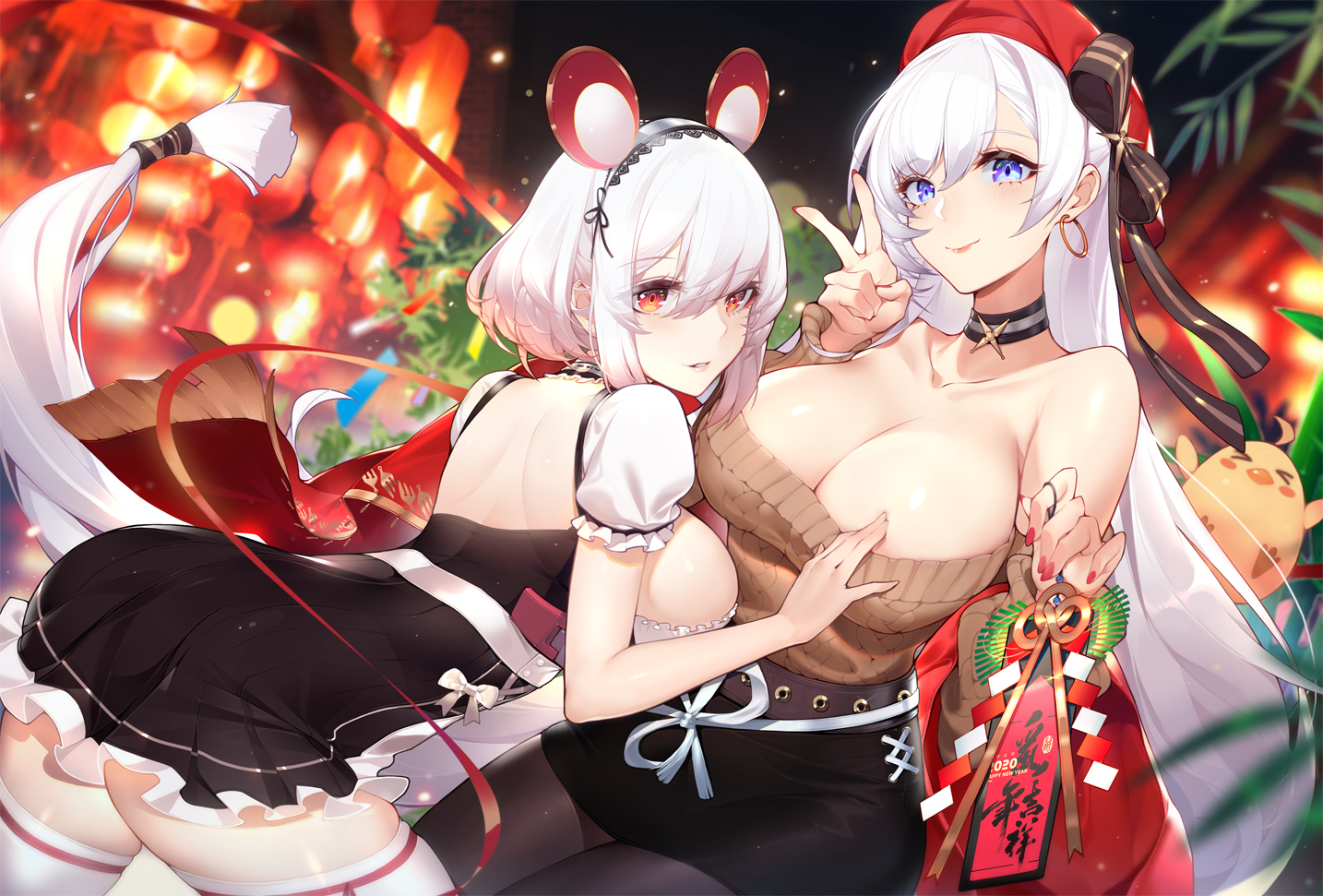 animal, anthropomorphism, azur_lane, belfast_(azur_lane), bird, breasts, calder, cleavage, long_hair, manjuu_(azur_lane), pantyhose, short_hair, sirius_(azur_lane), thighhighs