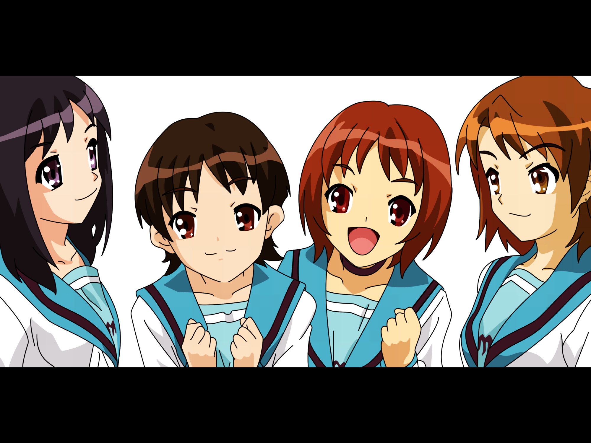 black_eyes, black_hair, brown_eyes, brown_hair, enomoto_miyuki, long_hair, nakanishi_takako, okajima_mizuki, school_uniform, short_hair, suzumiya_haruhi_no_yuutsu, zaizen_mai